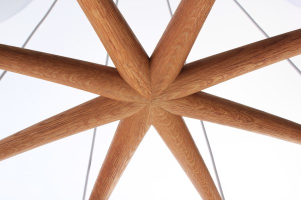 Scandinavian Modern Oak and Opaline Glass Octopus Chandelier by Uno & Östen Kristiansson for Luxus, 1950s Scandinavian Modern Oak and Opaline Glass Octopus Chandelier by Uno & Östen Kristiansson for Luxus, 1950s