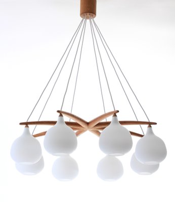 Scandinavian Modern Oak and Opaline Glass Octopus Chandelier by Uno & Östen Kristiansson for Luxus, 1950s Scandinavian Modern Oak and Opaline Glass Octopus Chandelier by Uno & Östen Kristiansson for Luxus, 1950s