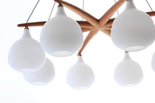 Scandinavian Modern Oak and Opaline Glass Octopus Chandelier by Uno & Östen Kristiansson for Luxus, 1950s Scandinavian Modern Oak and Opaline Glass Octopus Chandelier by Uno & Östen Kristiansson for Luxus, 1950s