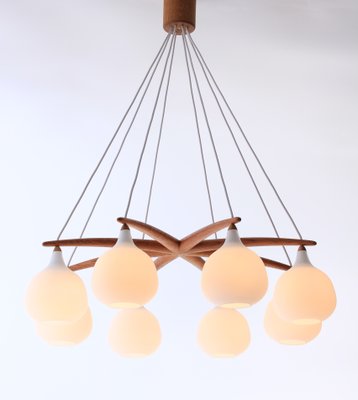 Scandinavian Modern Oak and Opaline Glass Octopus Chandelier by Uno & Östen Kristiansson for Luxus, 1950s Scandinavian Modern Oak and Opaline Glass Octopus Chandelier by Uno & Östen Kristiansson for Luxus, 1950s