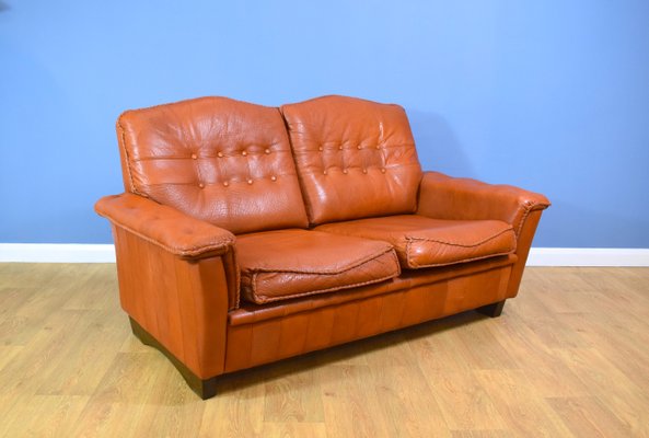 Mid Century Danish Patinated Tan Leather 2 Seater Sofa 1960s