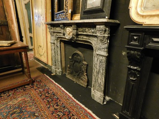 Antique Italian White Carrara Grey Marble Fireplace 1810s For