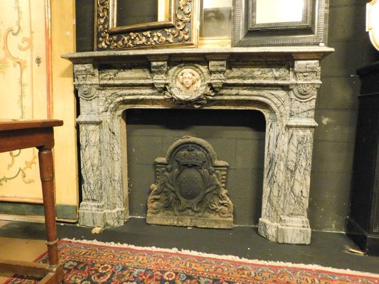 Antique Italian White Carrara Grey Marble Fireplace 1810s For