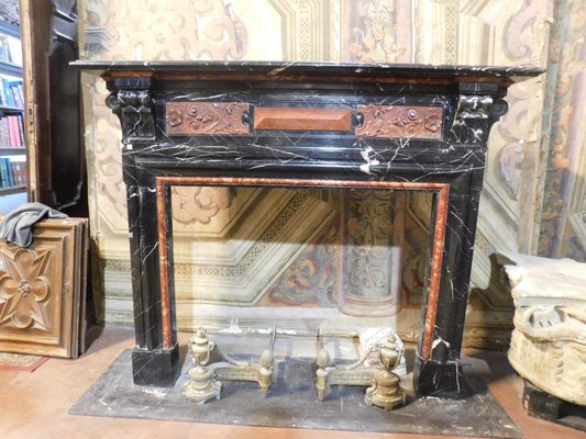 Large Antique Italian Red Black Marble Inlaid Fireplace 1820s
