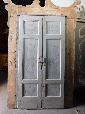 Antique Italian Grey Lacquered Wooden Doors With Faux Marble Frame
