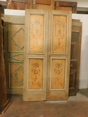 Double Porte Antique En Bois Beige Et Jaune Avec Peintures Italie 1700s