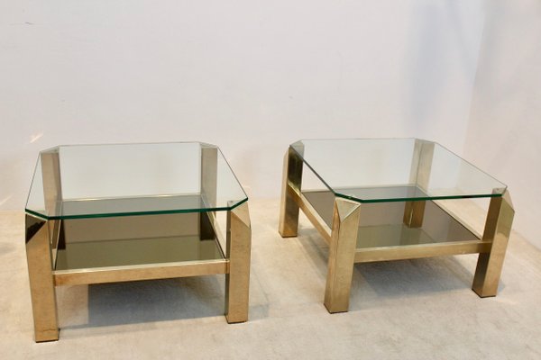 23 Ct Gold Plated Two Tier Glass Side Tables From Belgo Chrom 1970s Set Of 2