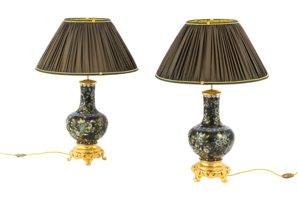 Enamel Gilt Bronze Lamps 1880s Set, Vintage Cloisonne Table Lamp