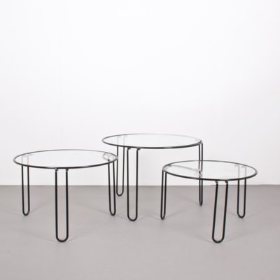 Vintage Round Black Metal Nesting Tables With Hairpin Legs And