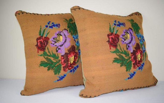 Square Needlepoint Floral Kilim Pillow Covers From Vintage Pillow