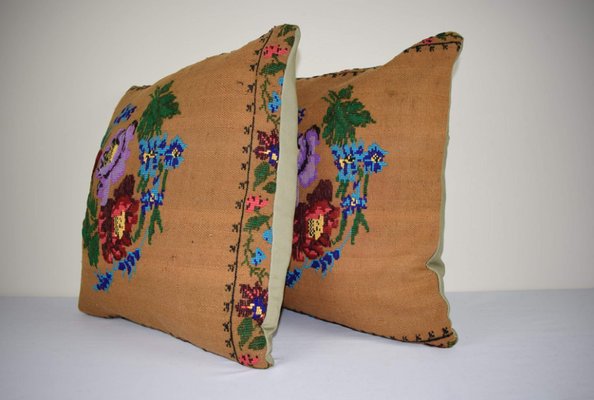 Square Needlepoint Floral Kilim Pillow Covers From Vintage Pillow