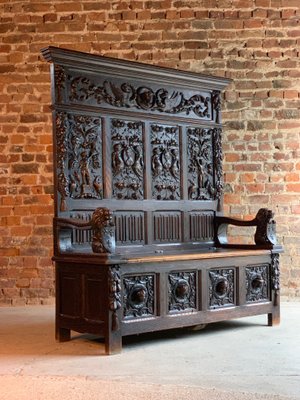 Antique Victorian Heavily Carved Oak Settle Bench For Sale At Pamono