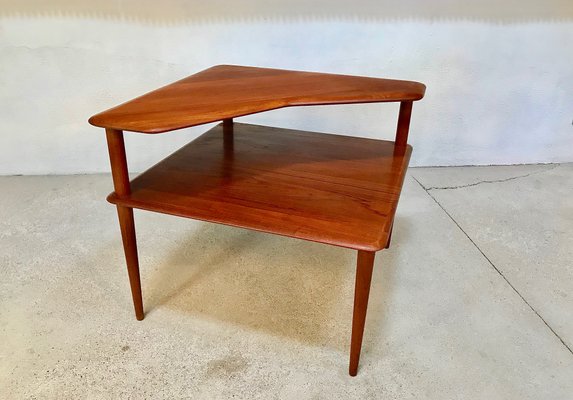 Mid Century Danish Solid Teak 2 Level, Triangle Corner End Table With Storage Space