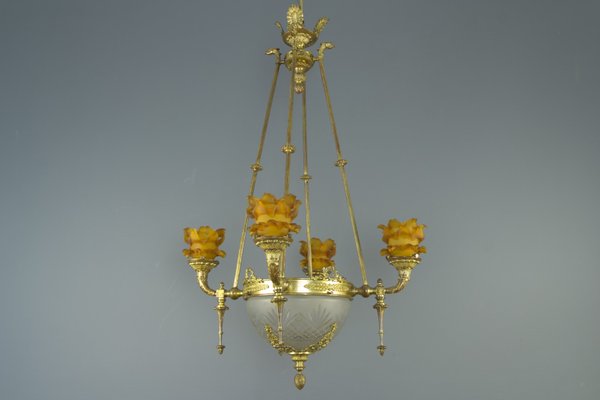 Antique Empire French Bronze And Frosted Glass 8 Light Chandelier Frosted Glass 8 Light Chandelier