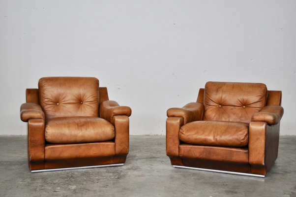 Vintage Italian Cow Leather Sofas, Leather Sofa And 2 Armchairs