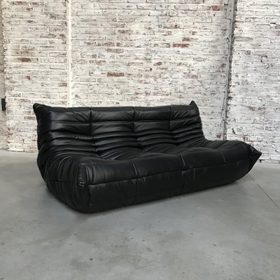 Mid Century Black Leather Togo Sofa By Michel Ducaroy For Ligne Roset 1970s