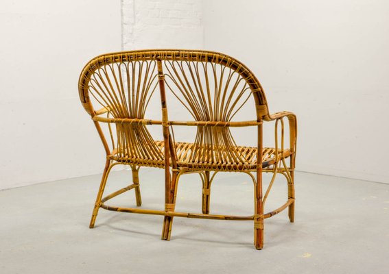 Mid Century Rattan 2 Seater Bench 1950s for sale at Pamono