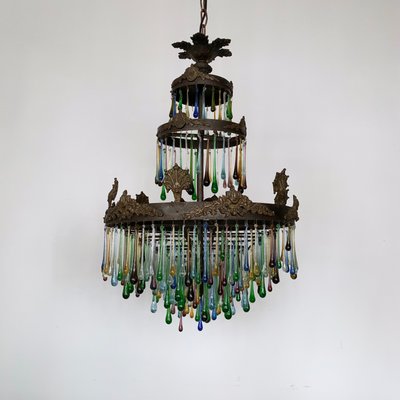 Large Vintage Multi Colored Gl Teardrop Waterfall Chandelier Large Vintage Multi Colored Gl