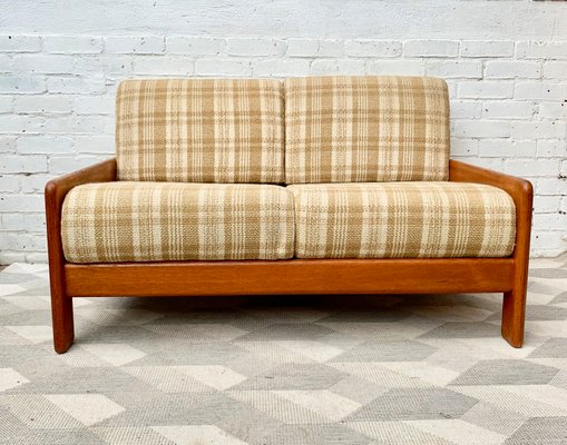 Vintage French Fabric And Teak 2 Seater Sofa 1970s