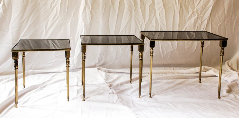 Neo Classical French Brass Colored Glass Nesting Tables From