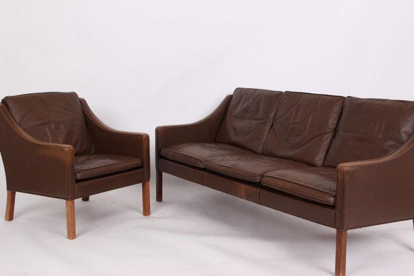Vintage Brown Leather Model 2207 2209 Living Room Set By Borge