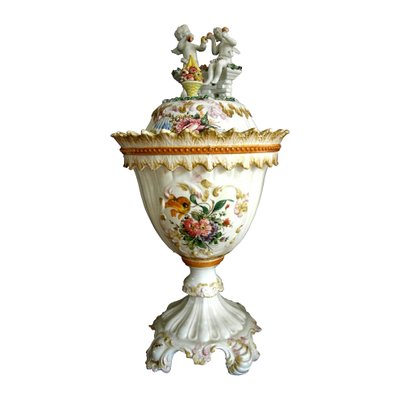 Vintage White Ceramic Vase With Lid And Floral Decoration From