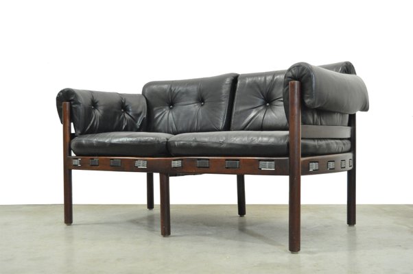 Vintage Dutch Black Leather 2 Seater Rosewood Sofa From Coja 1960s Vintage Dutch Black Leather 2 Seater Rosewood Sofa From Coja 1960s