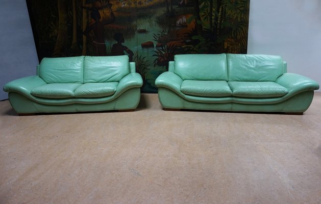 Vintage Mint Green Leather Sofas Set Of 2