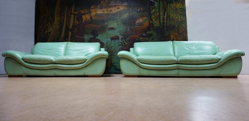 Vintage Mint Green Leather Sofas Set Of 2