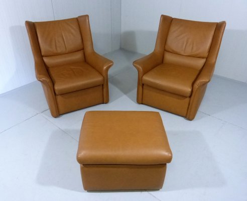 Vintage Leather Lounge Set With 2, Leather Chair With Ottoman Set