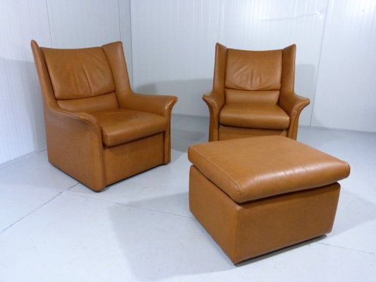 Vintage Leather Lounge Set With 2, Antique Leather Chair And Ottoman
