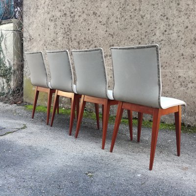 Vintage French White Faux Leather Wood Side Chairs 1950s Set Vintage French White Faux Leather