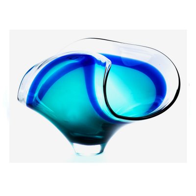 Mid Century Blue And Clear Glass Decorative Bowl By Luciano