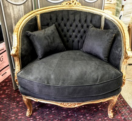 Mid Century French Gilded Wood And Black Velvet Sofa Mid Century French Gilded Wood And Black Velvet Sofa