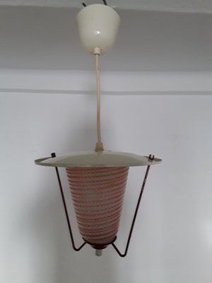 Small German White Red Glass Ceiling Lamp 1950s