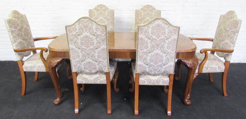 Large Queen Anne Style Burr Walnut Dining Room Set 1920s
