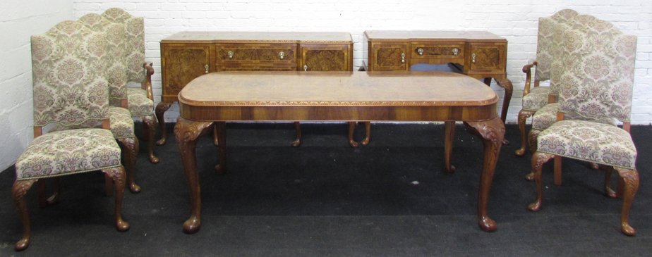 Large Queen Anne Style Burr Walnut Dining Room Set 1920s