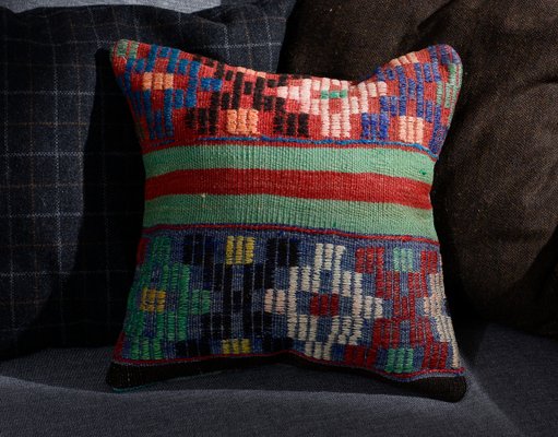 Blue Red And Green Wool Cotton Kilim Pillow Cover By Zencef For
