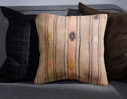 Gestreifter Kelim-Kissenbezug aus Wolle & Baumwolle in Orange & Beige von Zencef Contemporary bei Pamono kaufen