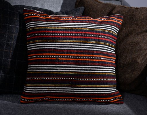 Black and White Wool Cotton Striped Kilim Pillow Cover by Zencef