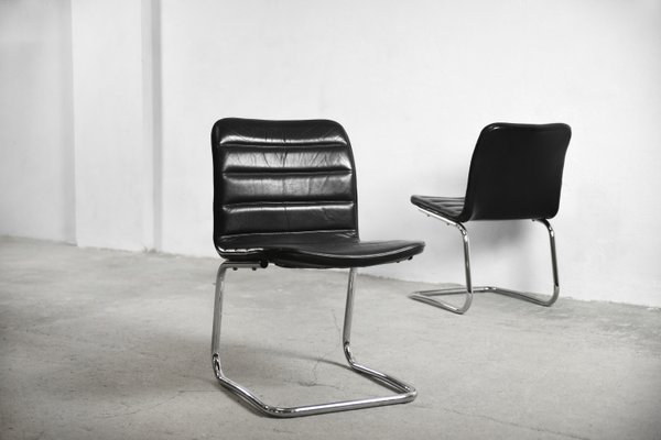Minimalist Chrome Black Leather Club, Chrome Leather Chairs