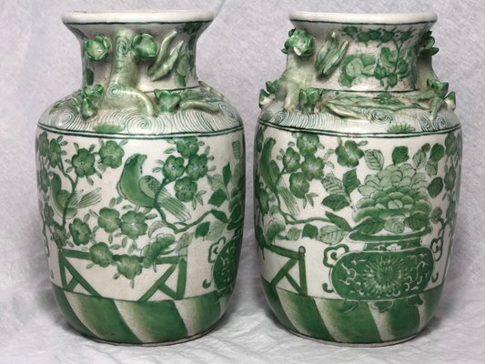 Chinese Green White Porcelain Lotus Vases 1970s Set Of 2 For