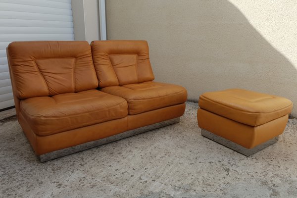 Leather Sofa Ottoman Set By Jacques Charpentier 1970s For Sale