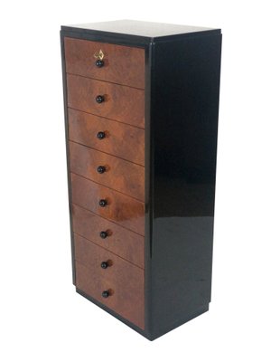 Tall Vintage Thuja Veneer Black Lacquer Chest Of 8 Drawers