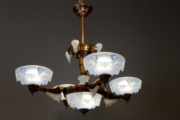 French Art Deco Seven Light Copper and Opalescent Glass Chandelier by Ezan, 1930 French Art Deco Seven Light Copper and Opalescent Glass Chandelier by Ezan, 1930