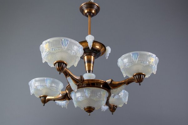 French Art Deco Seven Light Copper and Opalescent Glass Chandelier by Ezan, 1930 French Art Deco Seven Light Copper and Opalescent Glass Chandelier by Ezan, 1930
