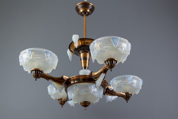 French Art Deco Seven Light Copper and Opalescent Glass Chandelier by Ezan, 1930 French Art Deco Seven Light Copper and Opalescent Glass Chandelier by Ezan, 1930