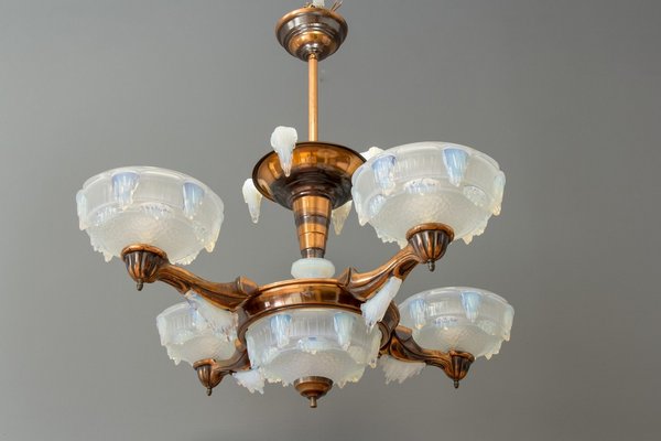 French Art Deco Seven Light Copper and Opalescent Glass Chandelier by Ezan, 1930 French Art Deco Seven Light Copper and Opalescent Glass Chandelier by Ezan, 1930