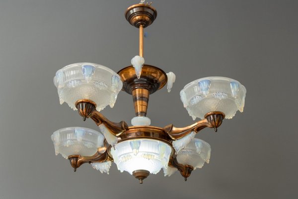 French Art Deco Seven Light Copper and Opalescent Glass Chandelier by Ezan, 1930 French Art Deco Seven Light Copper and Opalescent Glass Chandelier by Ezan, 1930