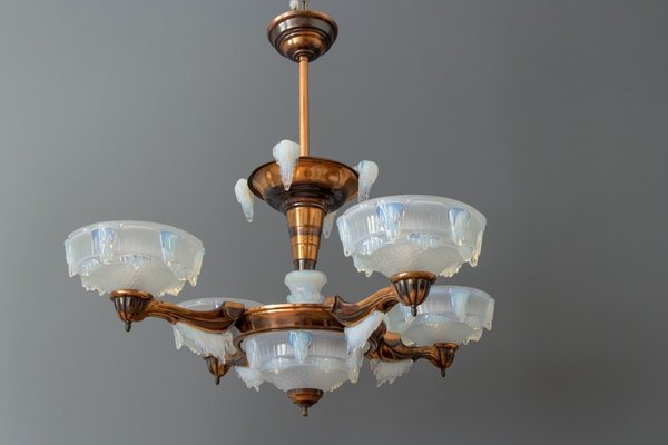 French Art Deco Seven Light Copper and Opalescent Glass Chandelier by Ezan, 1930 French Art Deco Seven Light Copper and Opalescent Glass Chandelier by Ezan, 1930